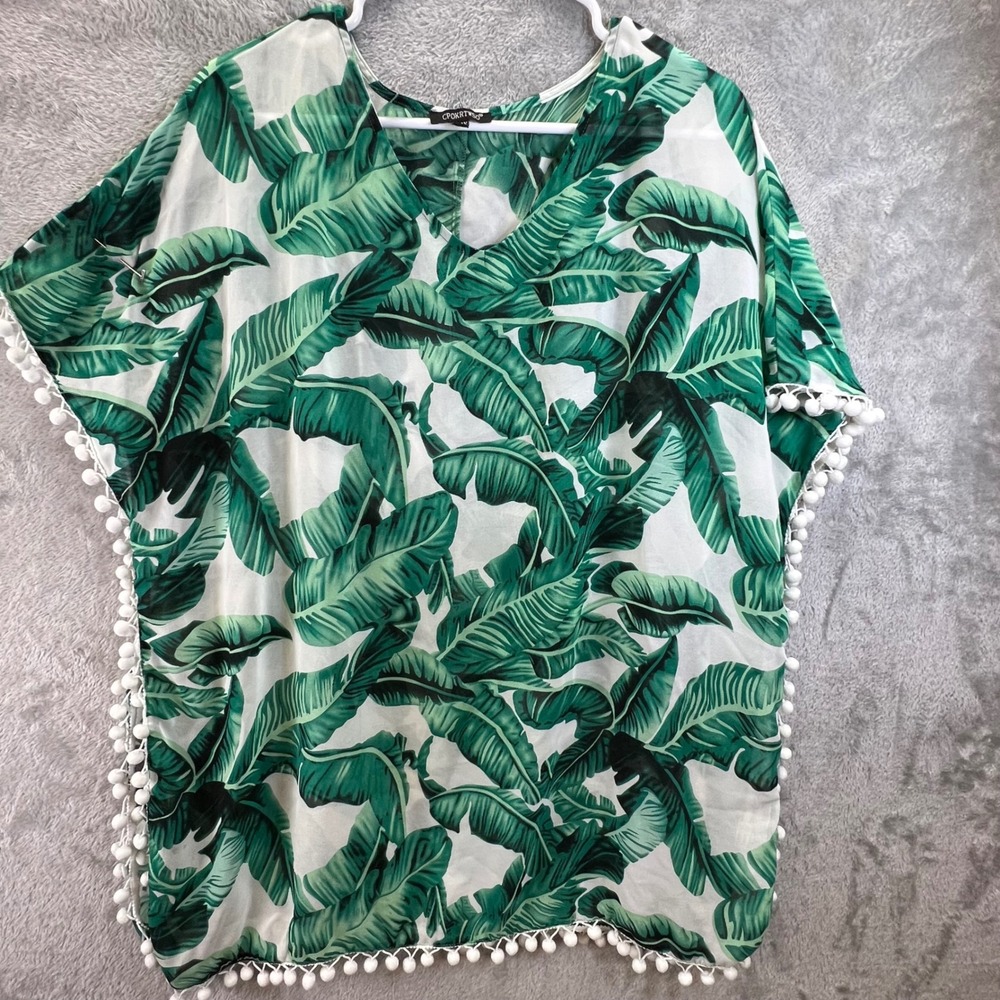 Tropical Banana Leaf Pom Pom Trim Kaftan Cover Up Green White L-1X‎ Bohemian